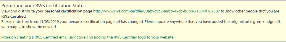 Screenshot of a notification about promoting RWS Certification Status, with a link to a personal certification page and a note about a URL change effective from 11032019.
