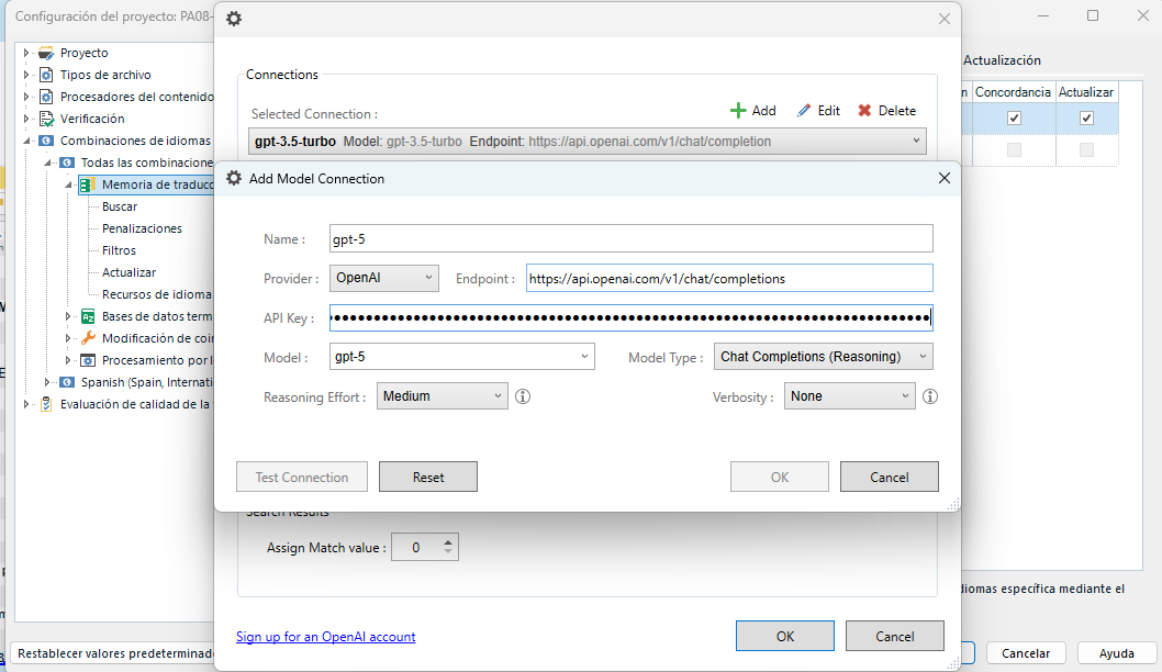Screenshot of the Add Model Connection window in Trados, showing settings for GPT-5 with OpenAI as the provider, API key field filled, and endpoint URL set to https:api.openai.comv1chatcompletions.