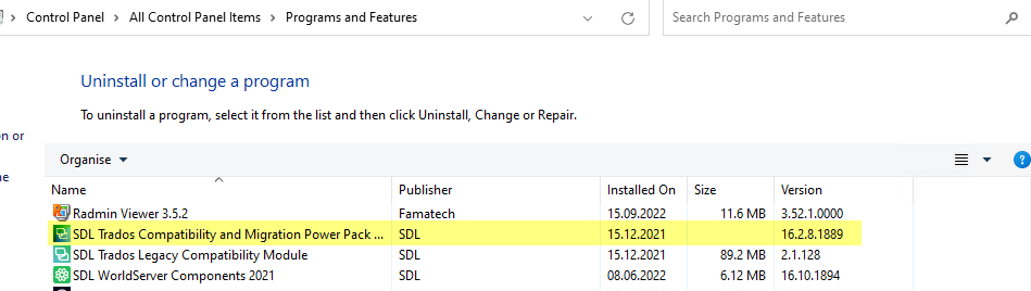 Control Panel window showing Programs and Features with a list of installed programs. Highlighted is 'SDL Trados Compatibility and Migration Power Pack' with the option to uninstall.