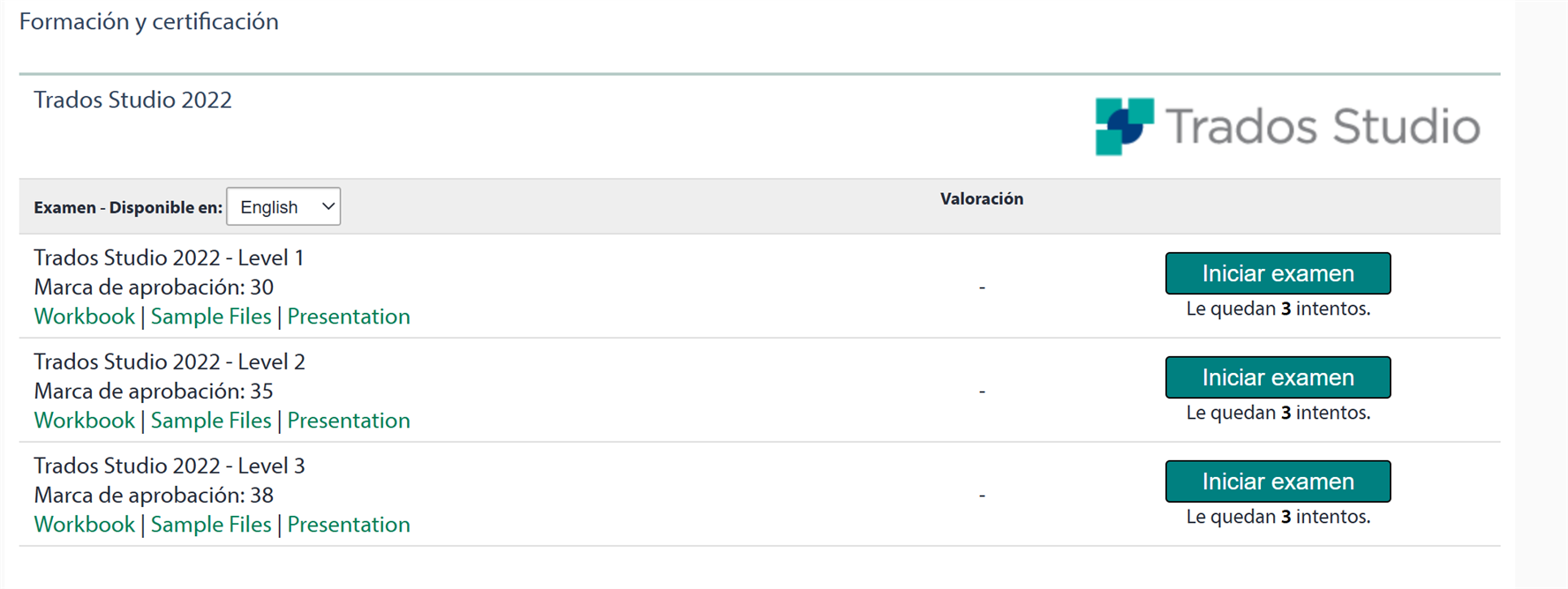 Screenshot of RWS certification access page showing Trados Studio 2022 Level 1, 2, and 3 exams with 'Iniciar examen' buttons indicating 3 attempts remaining for each.