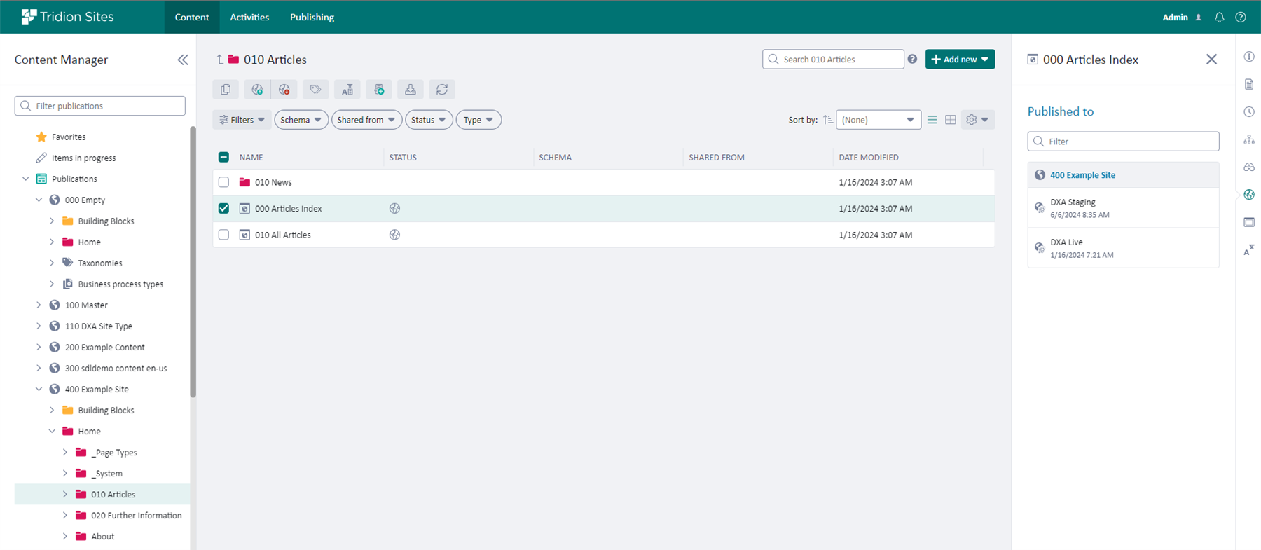 The published to column features icons to show how an item is published across targets