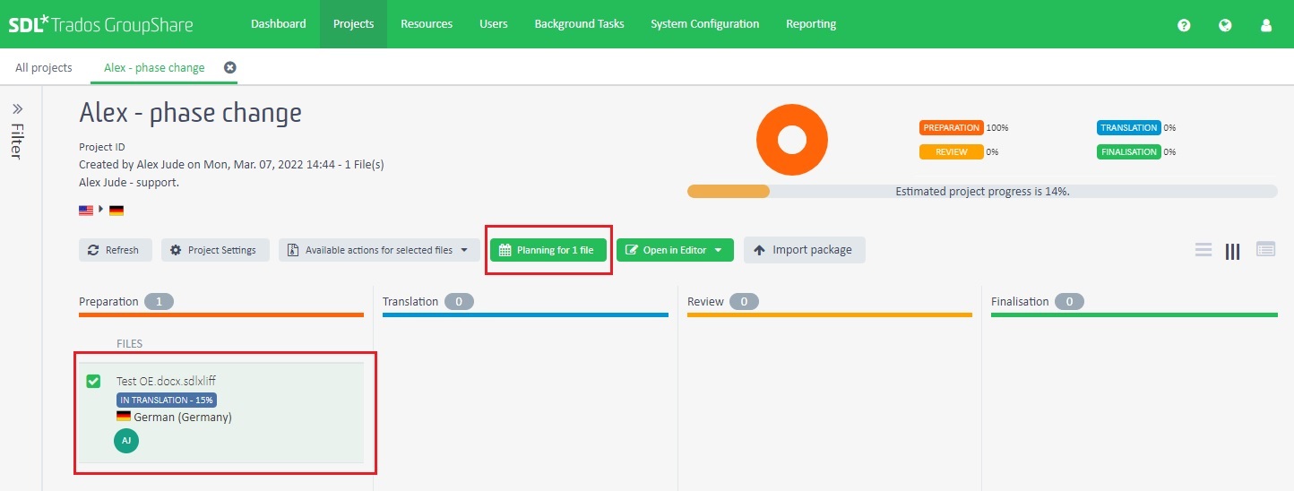 Trados GroupShare project 'Alex - phase change' showing a file named 'Test OE.docx.sdlxliff' in translation at 15% progress, with a 'Planning for 1 file' button highlighted.