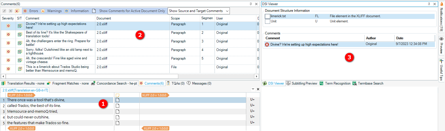 Screenshot showing the editor view, comments window and the DSI Viewer.