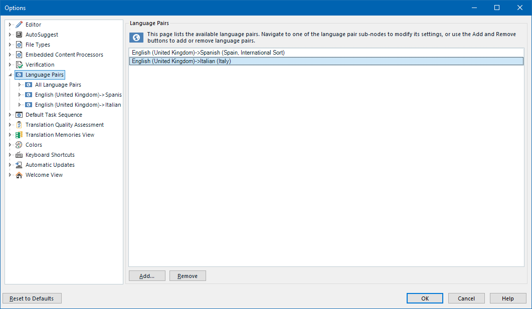 File - Options - Language Pairs