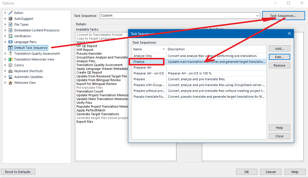 Default Task Sequence with Finalize task highlighted