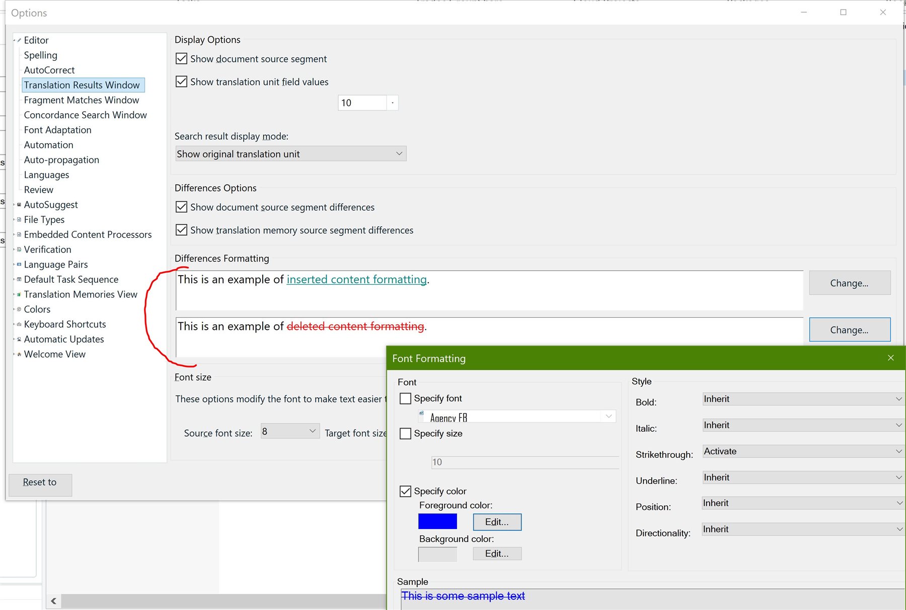 Options menu showing Translation Results Window settings with examples of inserted and deleted content formatting. Font Formatting window is open with style and color options visible.