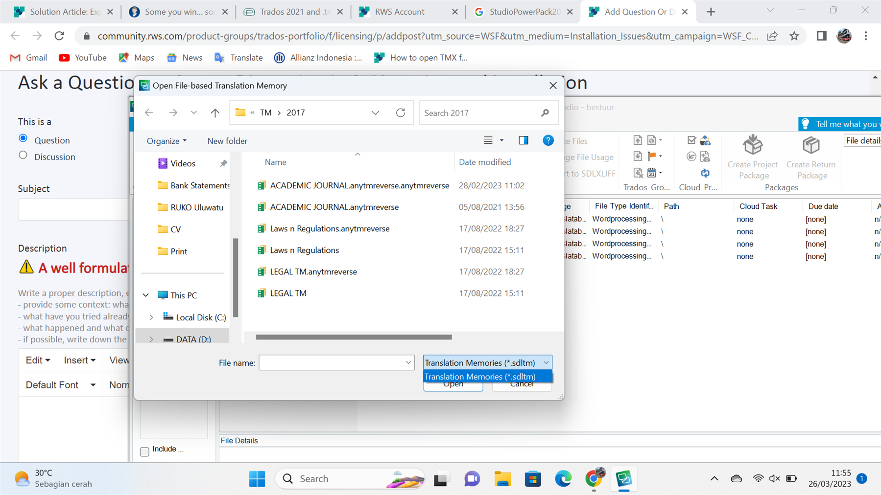 Trados Studio dialog box for opening a file-based Translation Memory with a file explorer window showing various folders and files, including 'ACADEMIC JOURNAL.anytmreverse' and 'LEGAL TM.anytmreverse'. The file type dropdown is set to 'Translation Memories (*.sdltm)'.