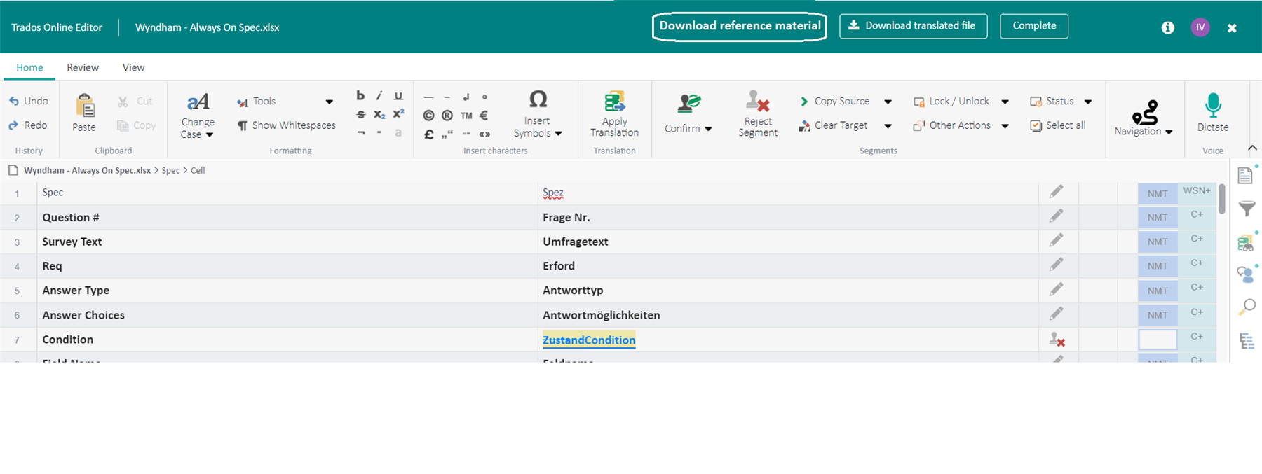 Trados Online Editor interface showing a spreadsheet with columns for Spec, Question #, Survey Text, Req, Answer Type, Answer Choices, and Condition. A red error indicator is visible on the 'Condition' row.