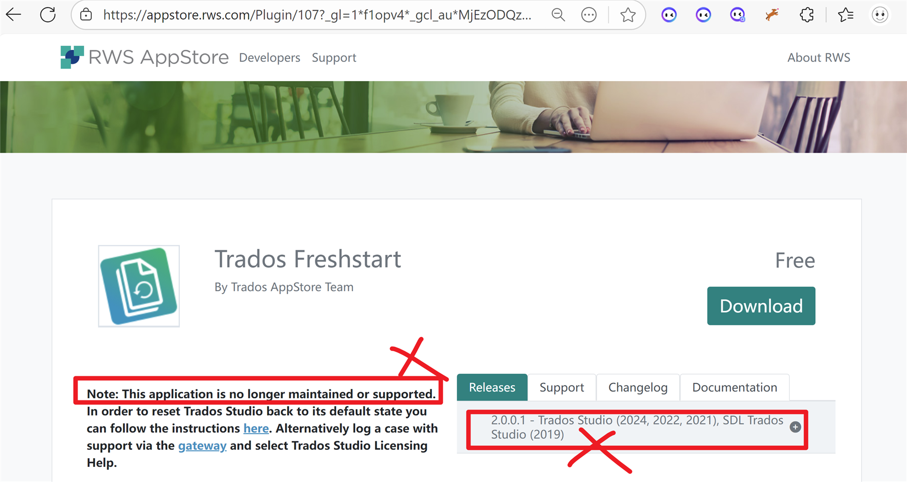 Screenshot of the RWS AppStore page for Trados Freshstart plugin, showing a note in red stating 'This application is no longer maintained or supported' and red crosses marking outdated compatibility information.