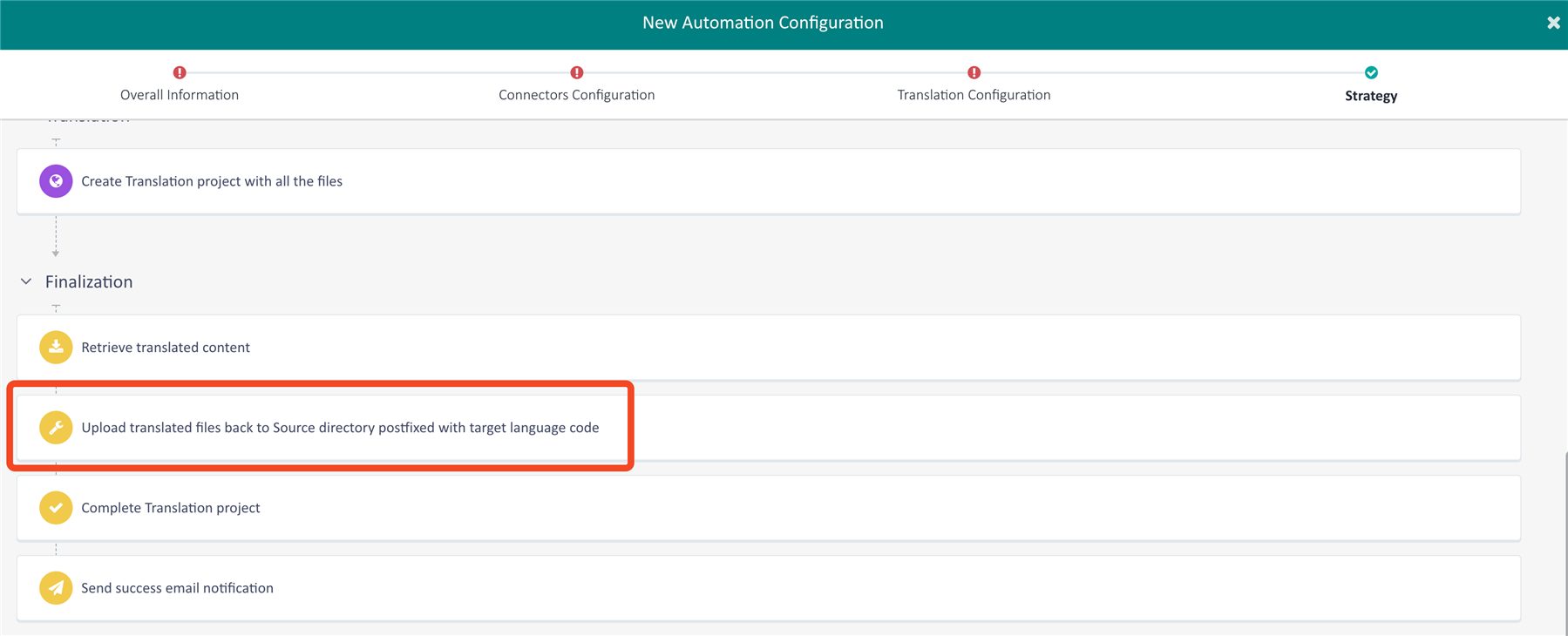 Trados Enterprise UI showing New Automation Configuration with an error icon next to 'Overall Information' and 'Connectors Configuration'. Highlighted step 'Upload translated files back to Source directory postfixed with target language code'.