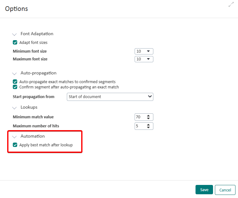 Screenshot of Trados Enterprise online editor Options menu with Automation section highlighted showing 'Apply best match after lookup' checked.
