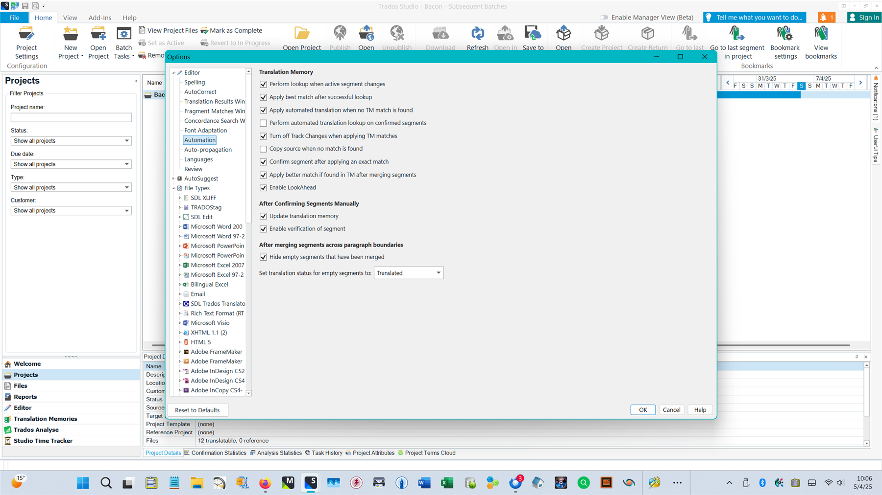 Screenshot of Trados Studio software showing the Options menu with Translation Memory settings. The 'Apply automated translation when no TM match is found' option is unchecked.