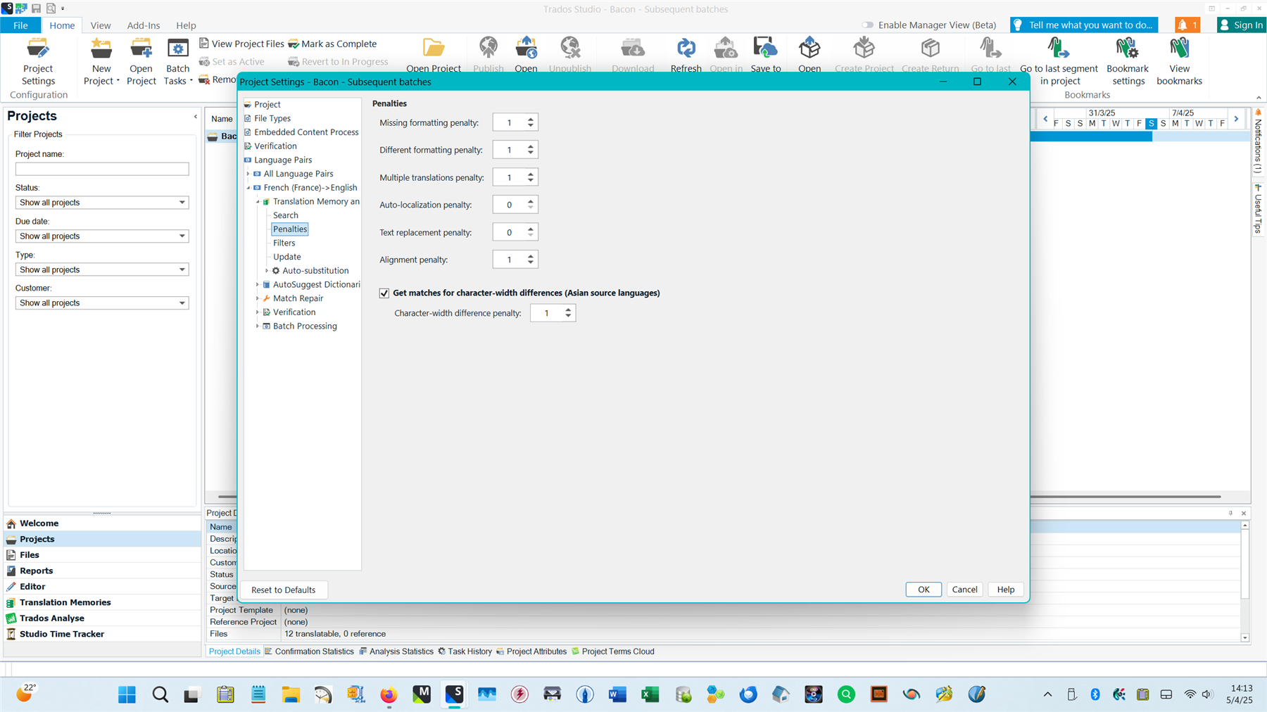 Screenshot of Trados Studio interface showing Project Settings for Penalties with various penalty values set, such as Auto-localization penalty set to 0.