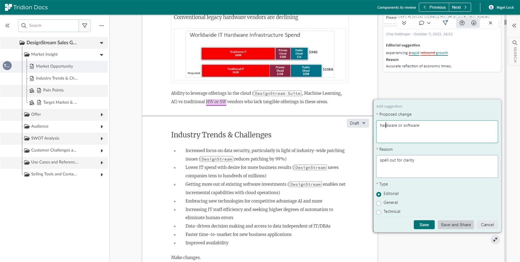 Screenshot of Tridion Docs interface showing the new 'Share and Save' button in the review panel, with a comment pop-out next to the text 'experiencing rapid rebound growth'. The Outline panel is visible on the left side of the screen.