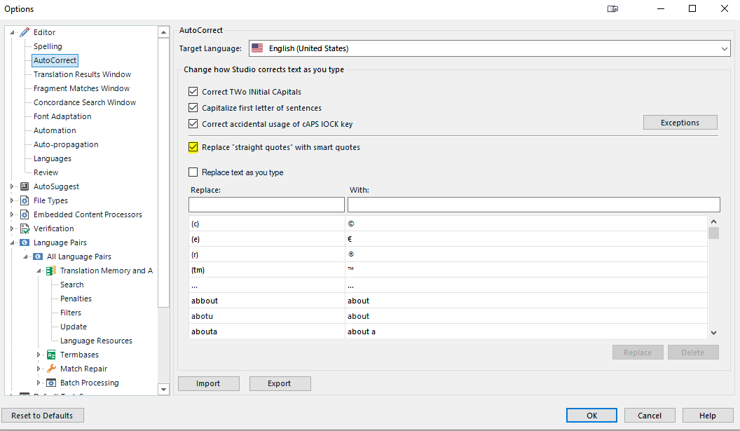 Screenshot of Trados Studio Options dialog showing the AutoCorrect settings for English (United States) with 'Replace straight quotes with smart quotes' option checked.