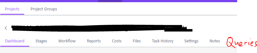 Screenshot of Trados Enterprise Project view with a new 'Queries' tab added in red handwriting next to existing tabs like Dashboard, Stages, Workflow, Reports, Costs, Files, Task History, Settings, and Notes.
