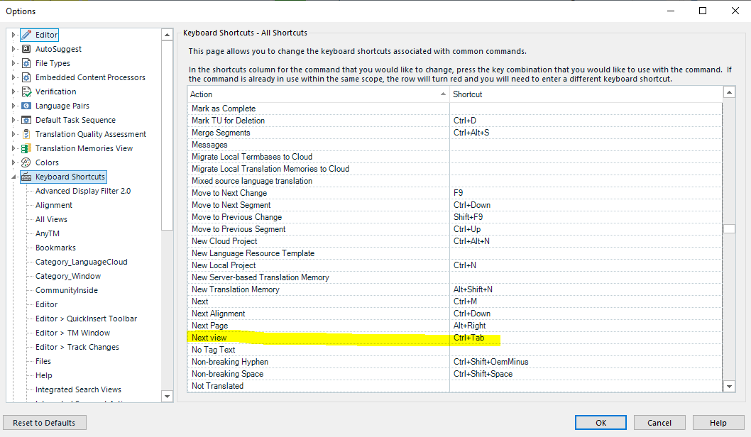 Trados Studio Ideas options window showing Keyboard Shortcuts with 'Next Page' highlighted, shortcut set to Alt+Right.