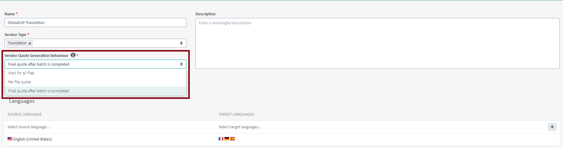 Screenshot of Trados Enterprise settings page with a focus on 'Vendor Quote Generation behaviour' dropdown menu, showing options: 'Final quote after batch is completed', 'Wait for all files', and 'Per file quote'.