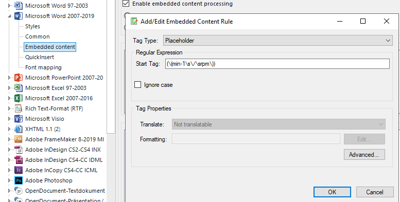 Trados Studio dialog box showing the AddEdit Embedded Content Rule with a Regular Expression field containing '(min-1srpm)' and Translate option set to 'Not translatable'.