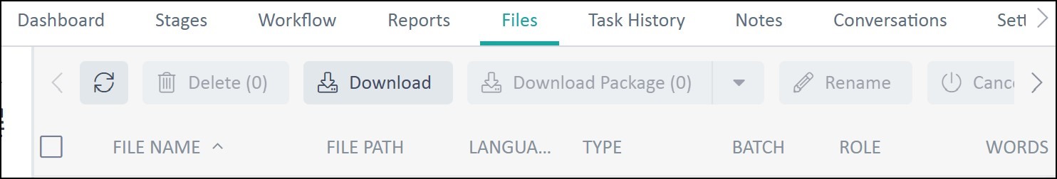 Screenshot of the Files tab in Trados Team showing non-functional sorting arrows next to column headers like File Name, File Path, Language, Type, Batch, Role, and Words.