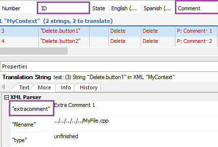 Screenshot showing translation strings with IDs 'Delete.button1' and 'Delete.button2' in 'MyContext', comments, and XML parser details including 'extracomment' and file path.