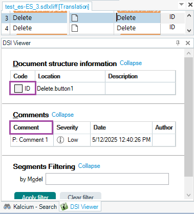 Screenshot displaying document structure information for 'Delete.button1', comments with severity 'Low', date '5122025', and segments filtering options in the DSI Viewer.