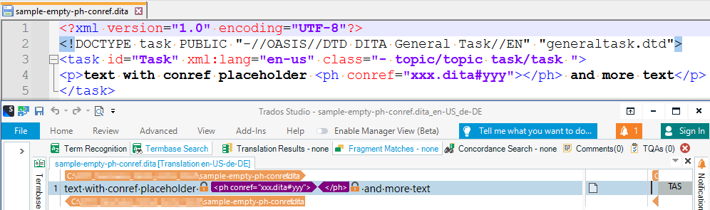 Screenshot of an XML file named 'sample-empty-ph-conref.dita' with highlighted text showing a conref placeholder within a paragraph element.