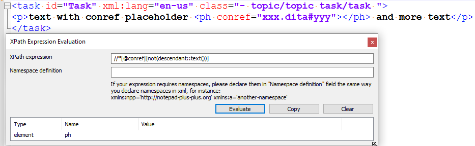 Screenshot of an XPath Expression Evaluation dialog box with the expression '*@conrefnot(descendant::text())' entered, indicating an element selection process.