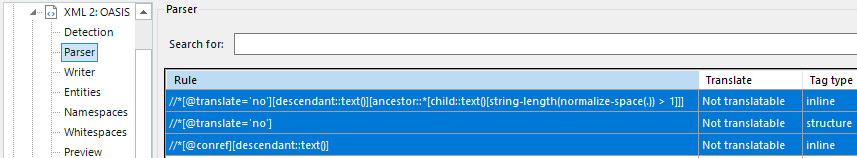 Screenshot of Trados Studio Ideas software showing XML to OASIS parser rules with three rules listed for non-translatable content.