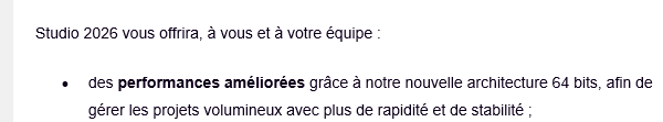 Screenshot showing text in French about Studio 2026 offering improved performance with a new 64-bit architecture for better speed and stability in handling large projects.