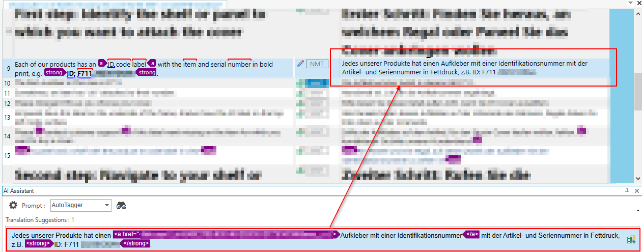 Screenshot of Trados Studio Ideas with a focus on a segment comparison between source and target texts. Source text includes HTML tags and a product ID 'F711'. Target text in German is highlighted with a red box indicating a translation suggestion.