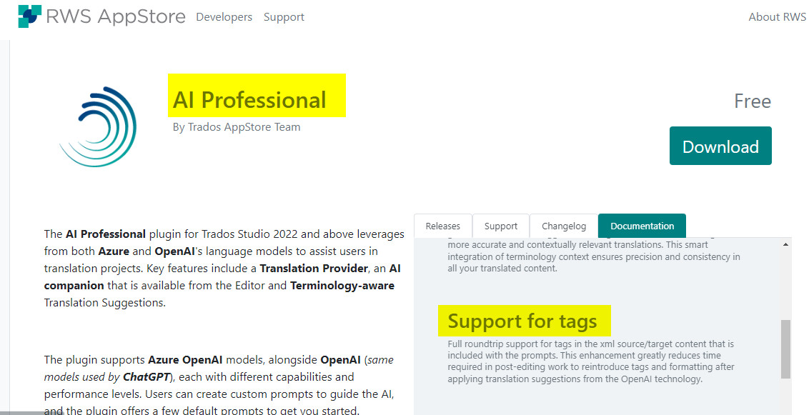 Screenshot of RWS AppStore page for AI Professional plugin by Trados AppStore Team, highlighting features such as Translation Provider and Terminology-aware Translation Suggestions. A 'Free Download' button is visible.