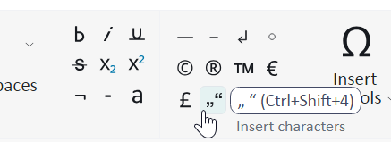 Screenshot showing a ribbon interface with various symbols and a highlighted 'Insert characters' option with a tooltip showing the shortcut (Ctrl+Shift+4).