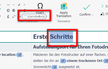 Screenshot of Trados Enterprise interface showing the 'Insert' function highlighted with a red box, indicating the shortcut Ctrl+Shift+5 for curly quotes.