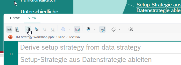 PowerPoint slide with the text 'Derive setup strategy from data strategy' and its German translation, with a cursor pointing at the 'Adapt Font Colors' button in the toolbar.