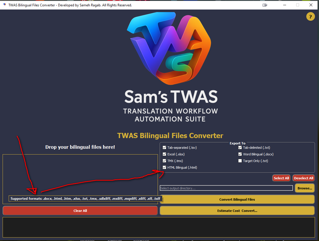 Screenshot of Sam's TWAS Bilingual Files Converter application showing a drag-and-drop interface for bilingual files, supported formats, and export options with buttons for actions.