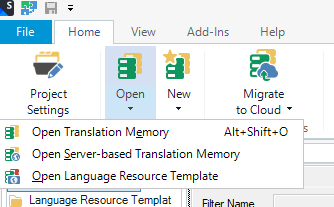 Trados Studio screenshot showing options under 'Project Settings' with 'Open Translation Memory' and 'Migrate to Cloud' highlighted.