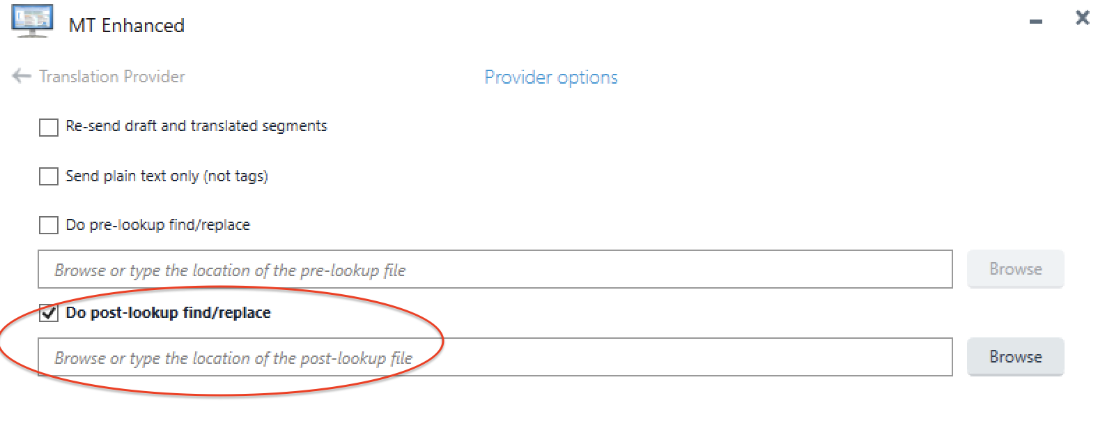 Screenshot of MT Enhanced settings with 'Do post-lookup findreplace' option checked and a field to browse or type the location of the post-lookup file.