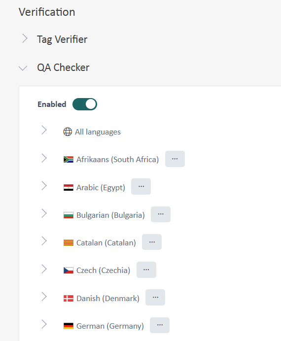 Screenshot of Trados Enterprise QA Checker settings showing enabled status with a list of languages including Afrikaans, Arabic, Bulgarian, Catalan, Czech, Danish, and German.