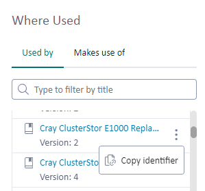Where Used panel in Tridion Docs displaying two publications, 'Cray ClusterStor E1000 Repla...' with a Copy identifier option visible.