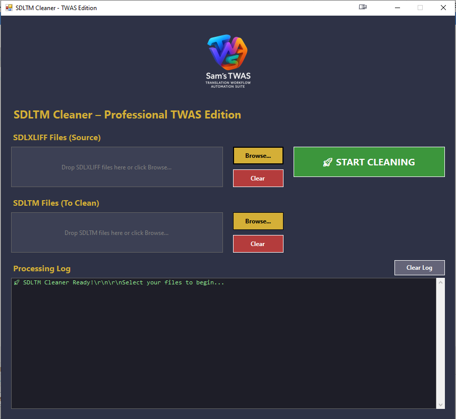 Sam's TWAS SDLTM Cleaner interface showing options to add SDLXLIFF and SDLTM files, a Start Cleaning button, and a processing log area.