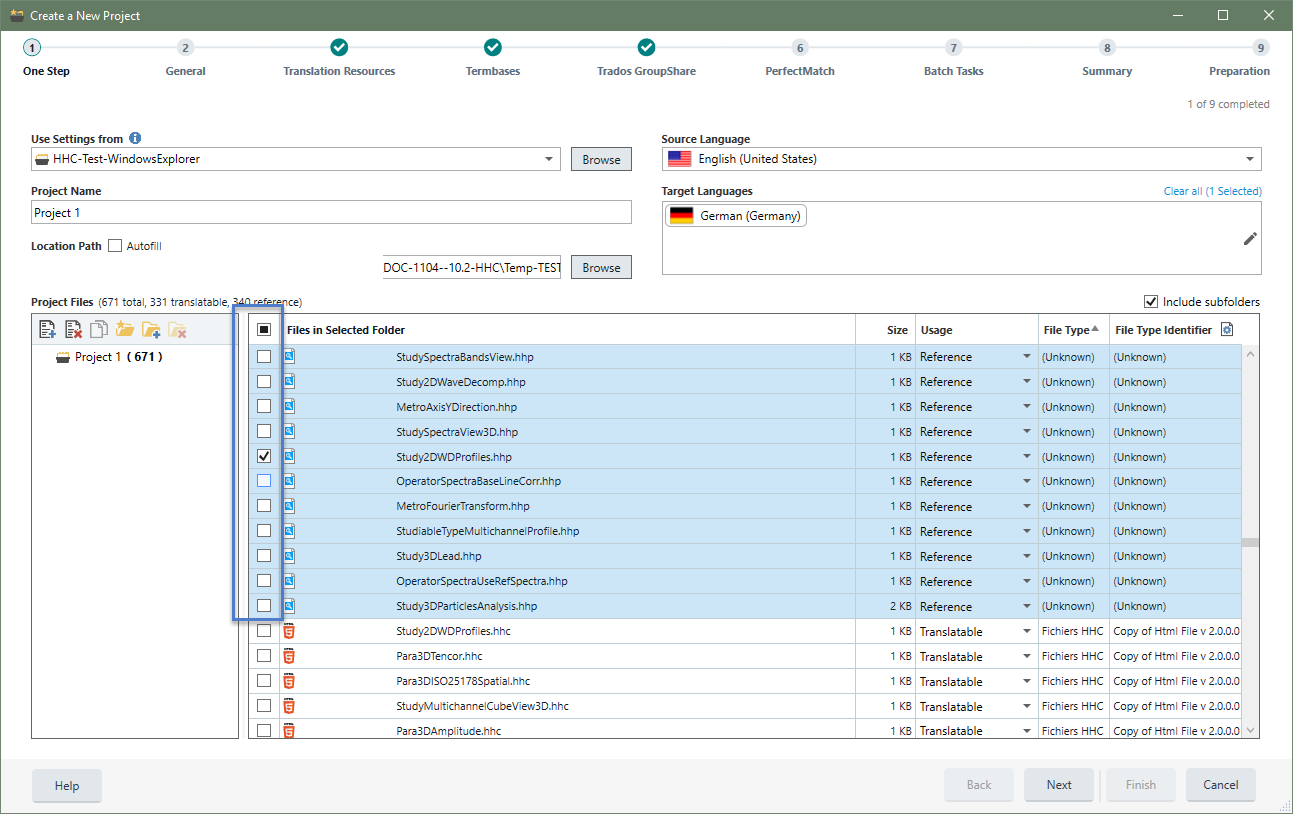 Screenshot of Trados Studio's 'Create a New Project' interface with 'One Step' selected. Project Name is 'Project 1'. A list of project files is displayed, with file types mostly 'Reference' and some 'Translatable'. The source language is set to English (United States) and the target language is German (Germany). No visible errors or warnings.