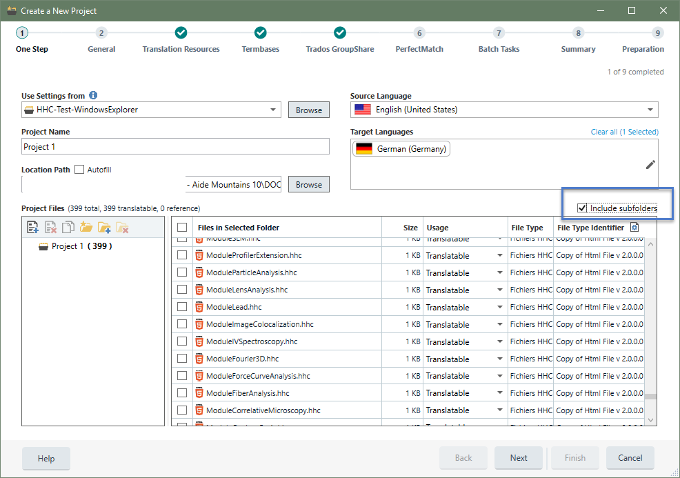 Screenshot of Trados Studio 'Create a New Project' window with 'Include subfolders' option checked. The 'Project Files' list shows a flat structure without subfolders, all files are directly under 'Project 1'.