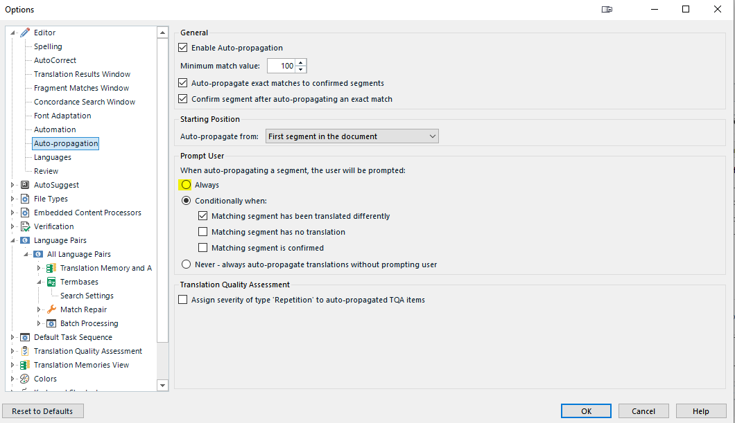 Screenshot of Trados Studio Options dialog showing Auto-propagation settings with 'Enable Auto-propagation' checked and various conditions for prompting the user.