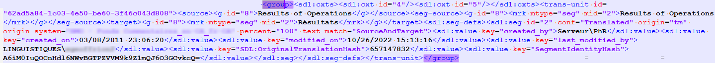 Screenshot of XML code from Trados Studio with tags and attributes. It includes segment IDs, source and target text, creation and modification dates, and hash values.