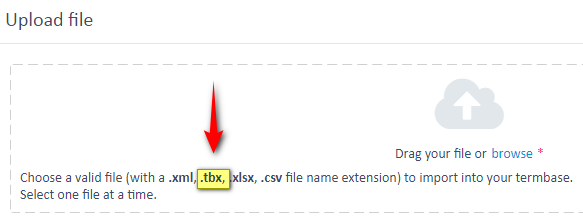 Screenshot of Trados Studio Ideas showing the 'Upload file' section with a red arrow pointing to the file extension options, highlighting '.tbx' among others.