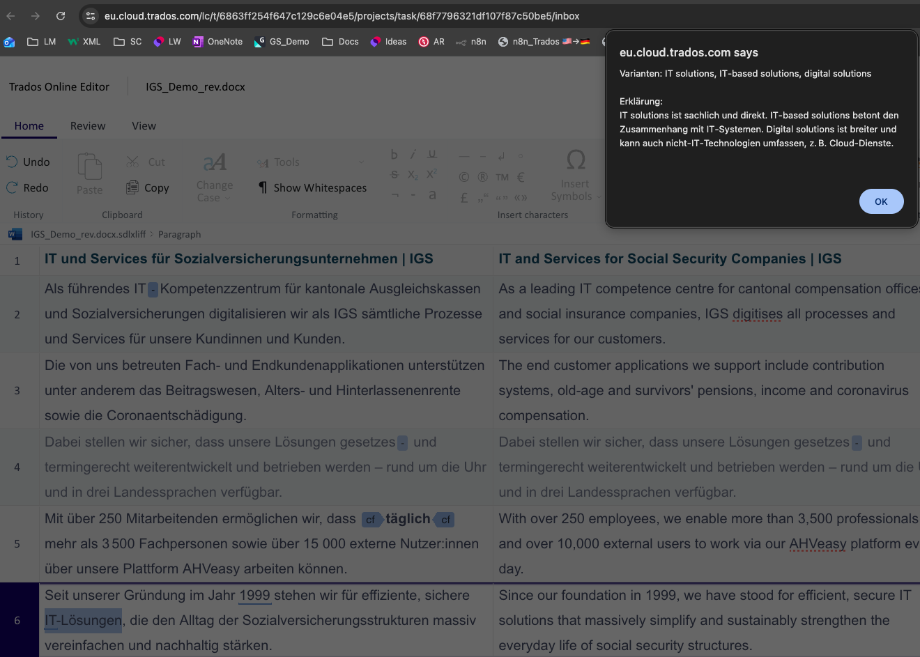 Screenshot of Trados Online Editor showing a document with German and English text columns. A pop-up window displays translation suggestions and explanations for 'IT solutions'.