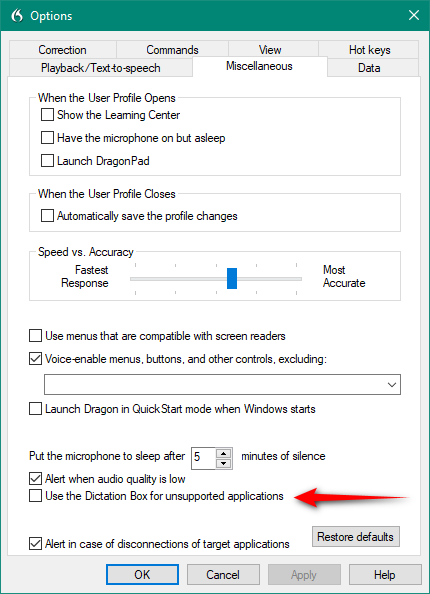 Screenshot of Dragon Options menu highlighting 'Use the Dictation Box for unsupported applications' with a red arrow pointing to the checkbox.