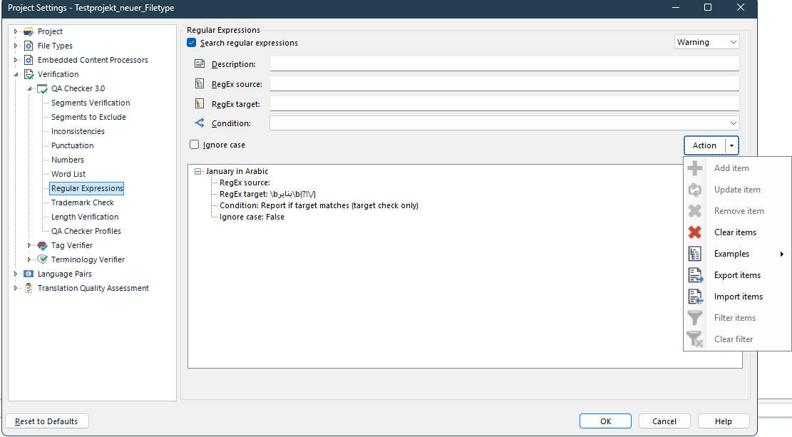 Screenshot of the Trados Studio settings window showing the 'Regular Expressions' section under 'Verification'. Includes options for RegEx source, target, condition, and ignore case.