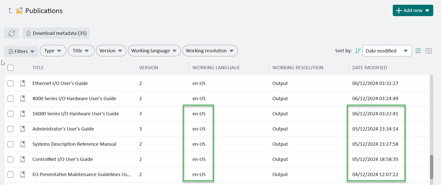 Screenshot of Tridion Docs 'Publications' page showing a list of user guides with columns for Title, Version, Working Language, Working Resolution, and Date Modified. Dates are displayed in DDMMYYYY format.